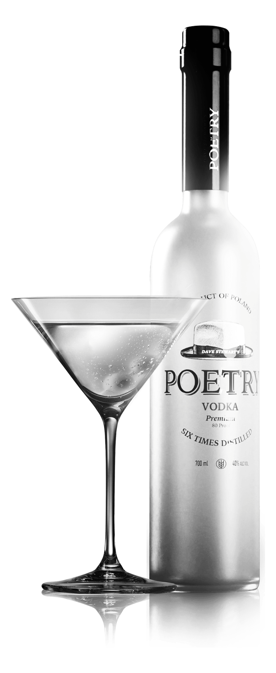 Eine Flasche Poetry Pure Vodka neben einem gefüllten Martini-Glas vor einem schwarzen Hintergrund.