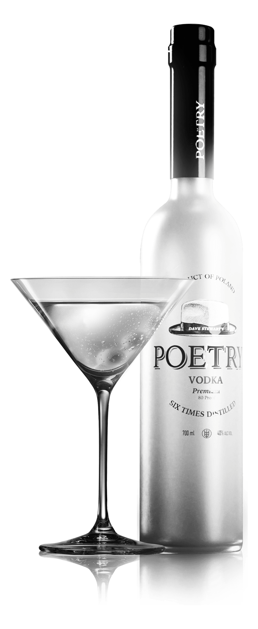 Poetry Pure Vodka Flasche mit Martini Eine Flasche Poetry Pure Vodka neben einem gefüllten Martini-Glas vor einem schwarzen Hintergrund.
